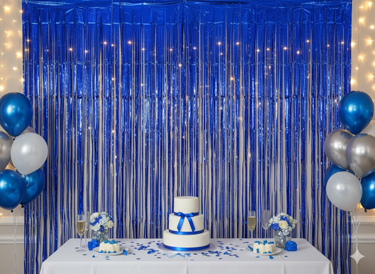 Blue Foil Fringe Curtains for Birthday Decorations Fringe Curtains for birthday decorations, Anniversary, Marriage , Party Decoration , wedding party ,baby shower ,graduation party , ceremony, blue shiny fringe curtain