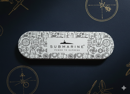 A top-down view of a white, oval-shaped metal pen case resting on a dark blue textured surface. The case features a dense black-and-white line art pattern of nautical and submarine-themed icons, such as periscopes, anchors, and gears. In the center, a clean white rectangular area displays the "SUBMARINE" brand logo with a submarine silhouette and the tagline "POWER TO EXPRESS."