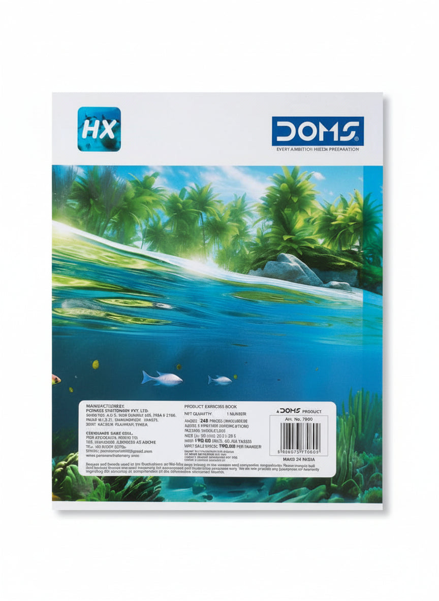 Aquarium background with HX and DOMS branding, featuring an underwater scene with fish and plants.