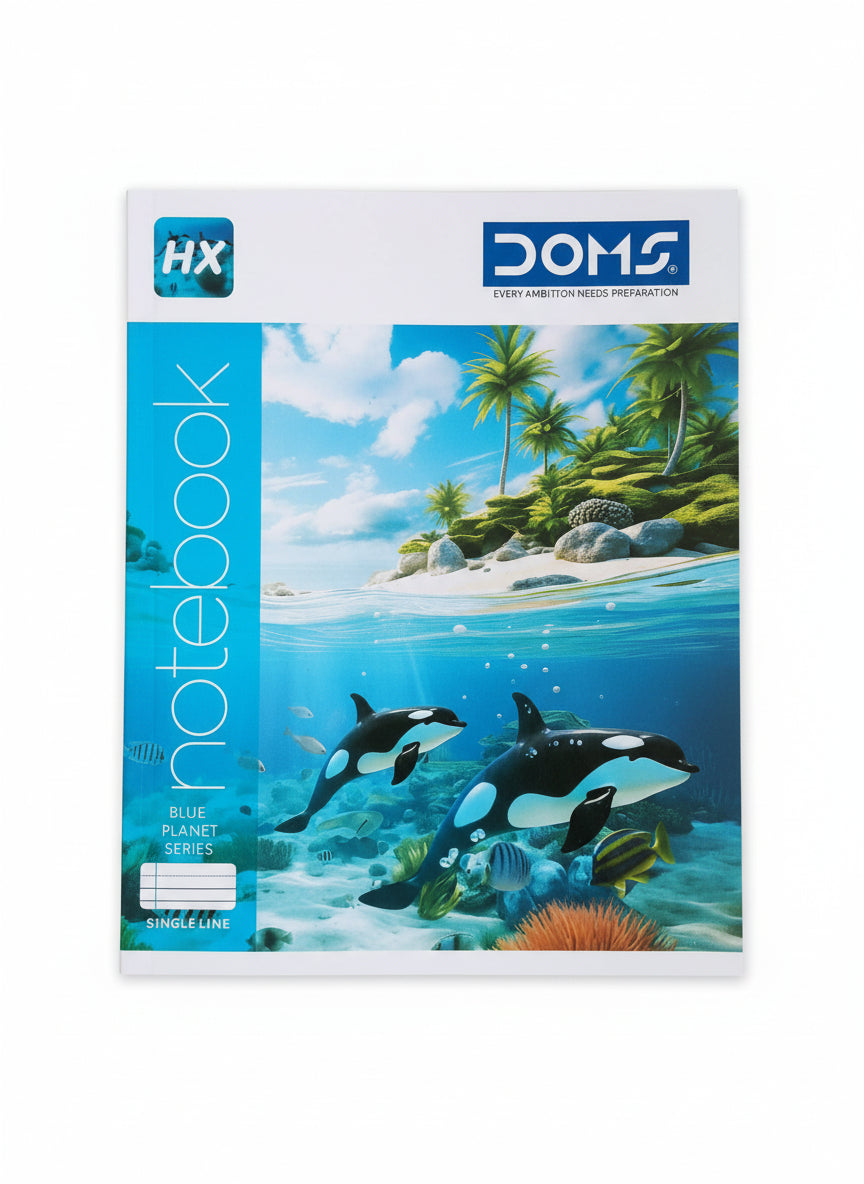 Notebook with underwater design featuring orcas and a tropical island, branded with HX and DOMS.