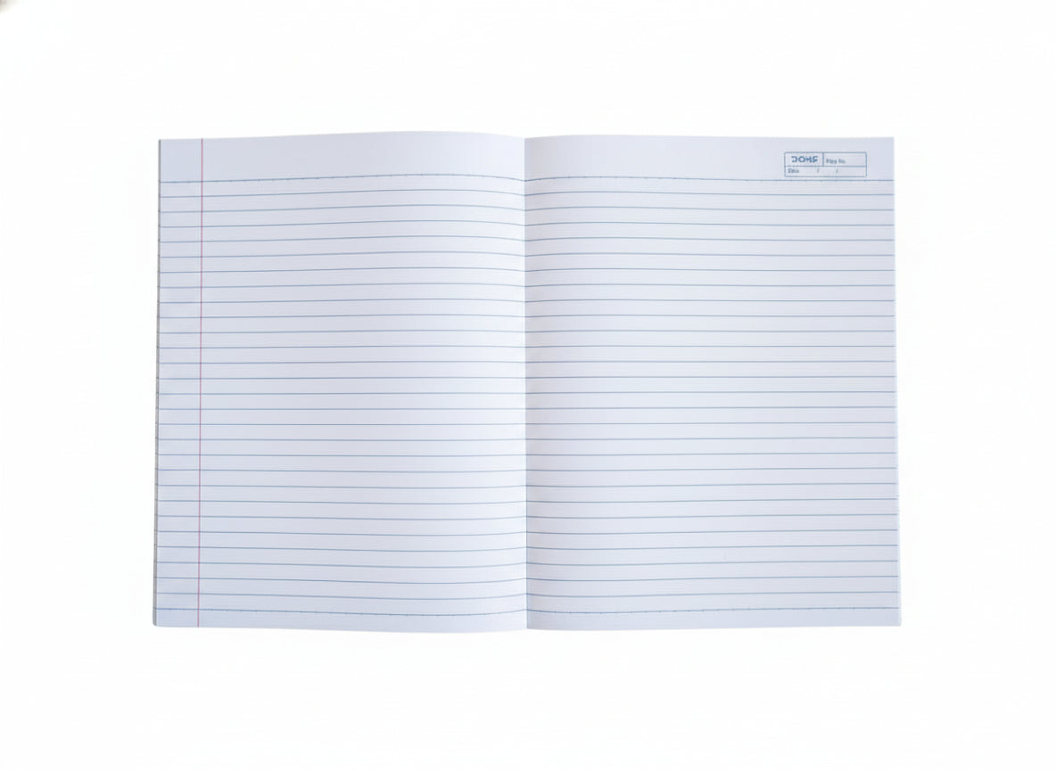 Open notebook with lined pages on a white background