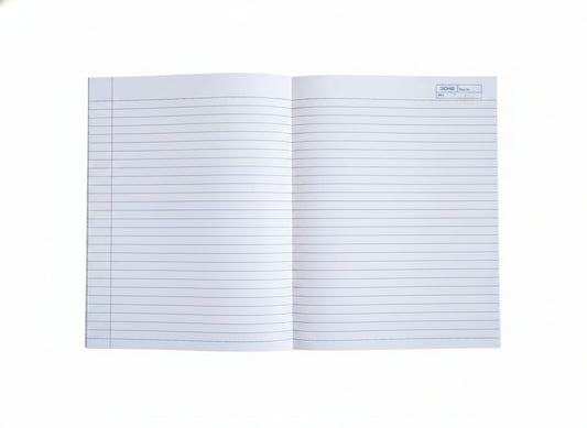 Open notebook with lined pages on a white background