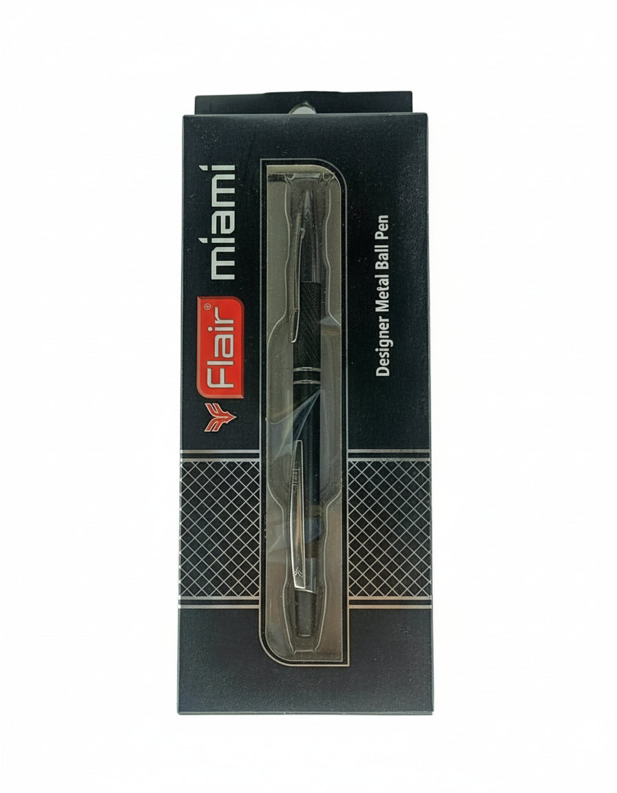 Packaging of a Flair Miami metal ball pen on a white background