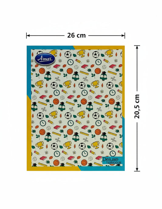 Decorative notebook cover with sports-themed illustrations and 'Amar' branding on a white background.