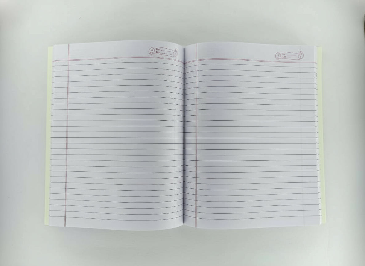 Open notebook with lined pages on a white background