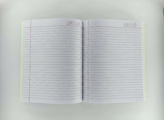 Open notebook with lined pages on a white background