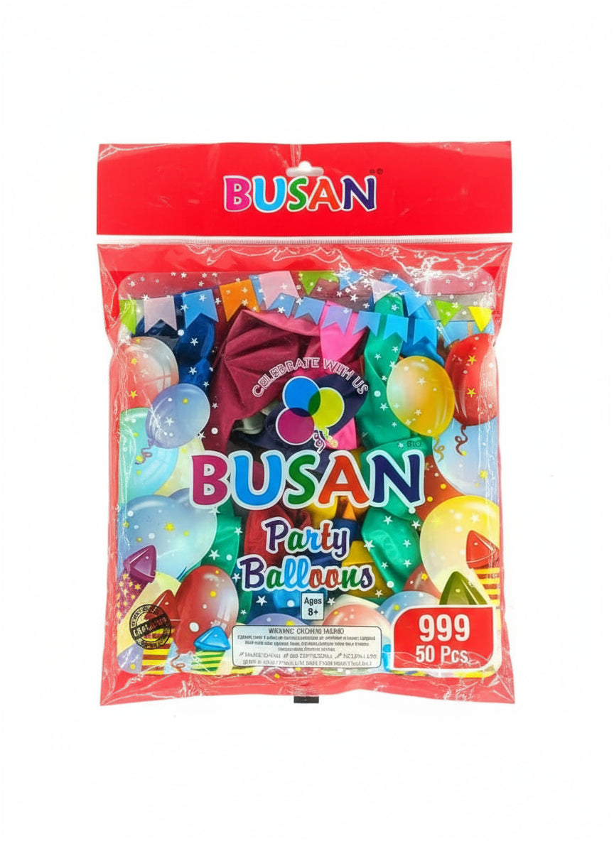 Packaged party balloons with BUSAN branding on a white background