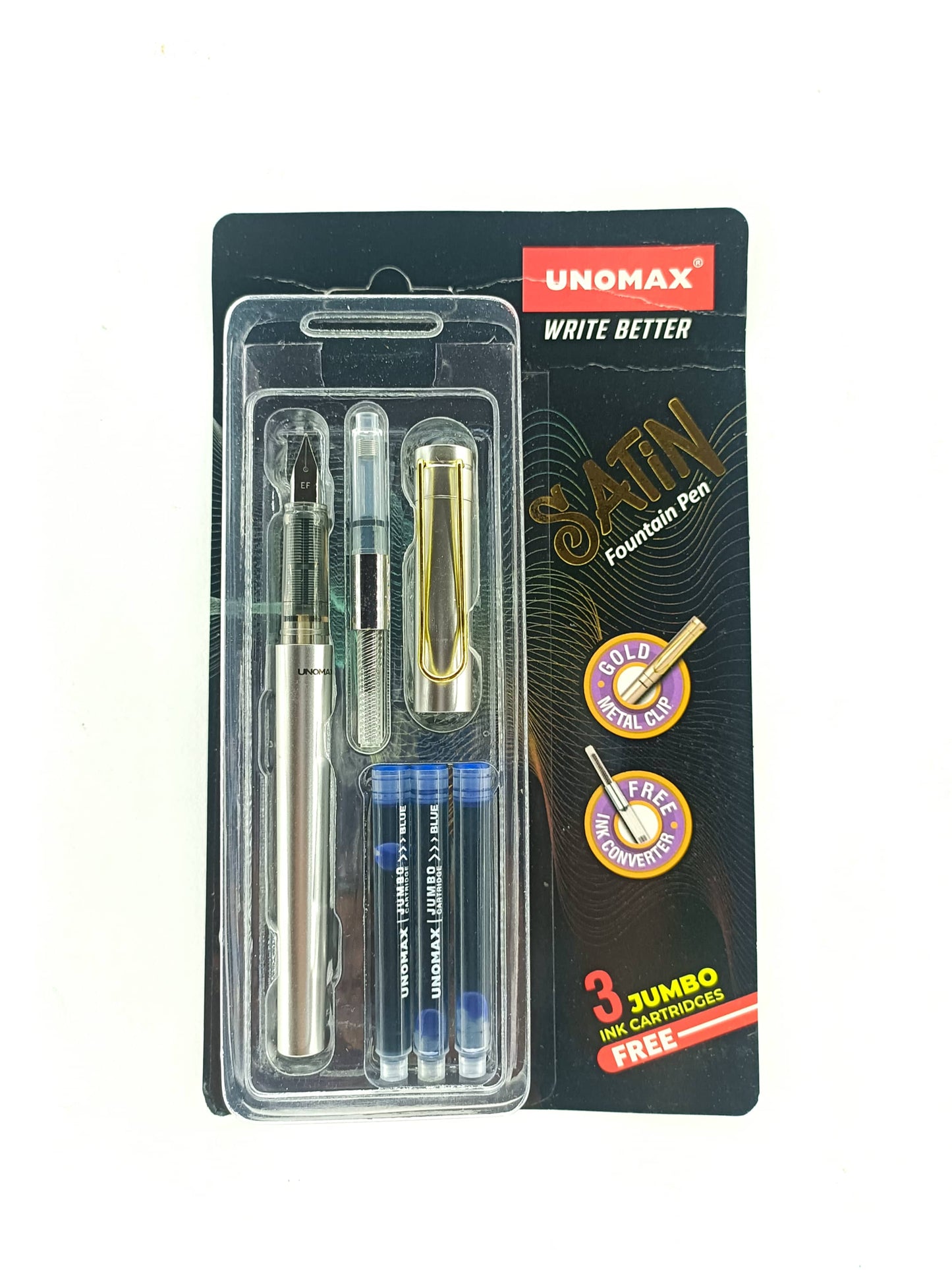 Unomax Satin Fountain Pen (3 Jumbo Ink Cartridges Free)