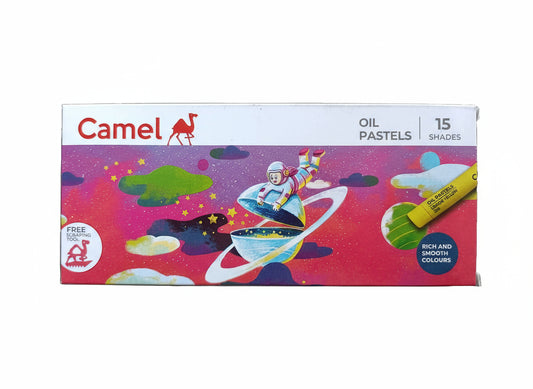Camel oil pastels packaging with colorful design and illustration of a child on a surfboard.